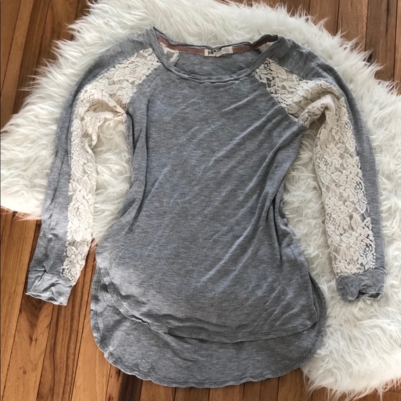 Jolt Tops - JOLT Grey Lace Sleeve Basic Top